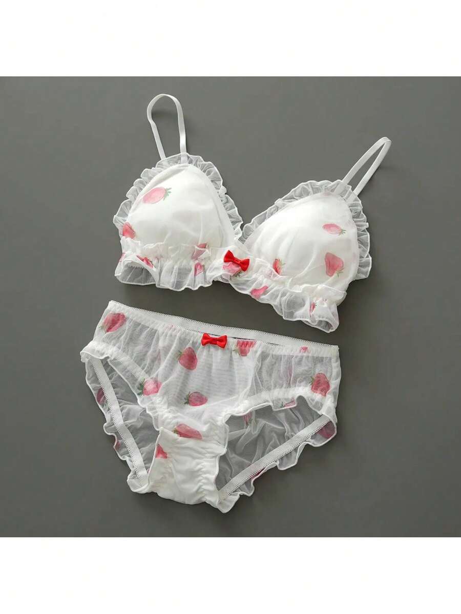 Fresh Style Students Lace Print Small Bust Cotton Lining Straps Bra Set. - With Pretty White Trim + M. - View 1
