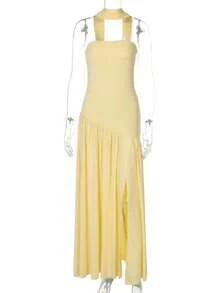 Women's Elegant Fashion Party Dress, Fitted Plain, Open Back, Floating Ribbon, European Style, New - Yellow - View 4