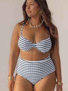 Striped High-Waisted Underwire Bikini Set With Swim Bag, Perfect For Vacations And The 4th Of July, For Summer Outfits And Beach Days - Navy Blue - View 1