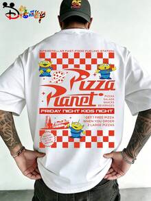 Disney Toy Story Pizza Planet Alien Graphic Tee, Men's Retro Oversized Crew Neck T-Shirt, Space Alien Print White Streetwear - 白色 - 查看 3