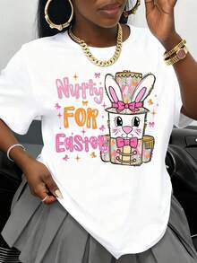 Camiseta negra con diseño de conejo de Pascua, para mujer, con estampado gráfico de Pascua, regalo para el Festival de Primavera, prenda de moda artística. - Blanco - Ver 1
