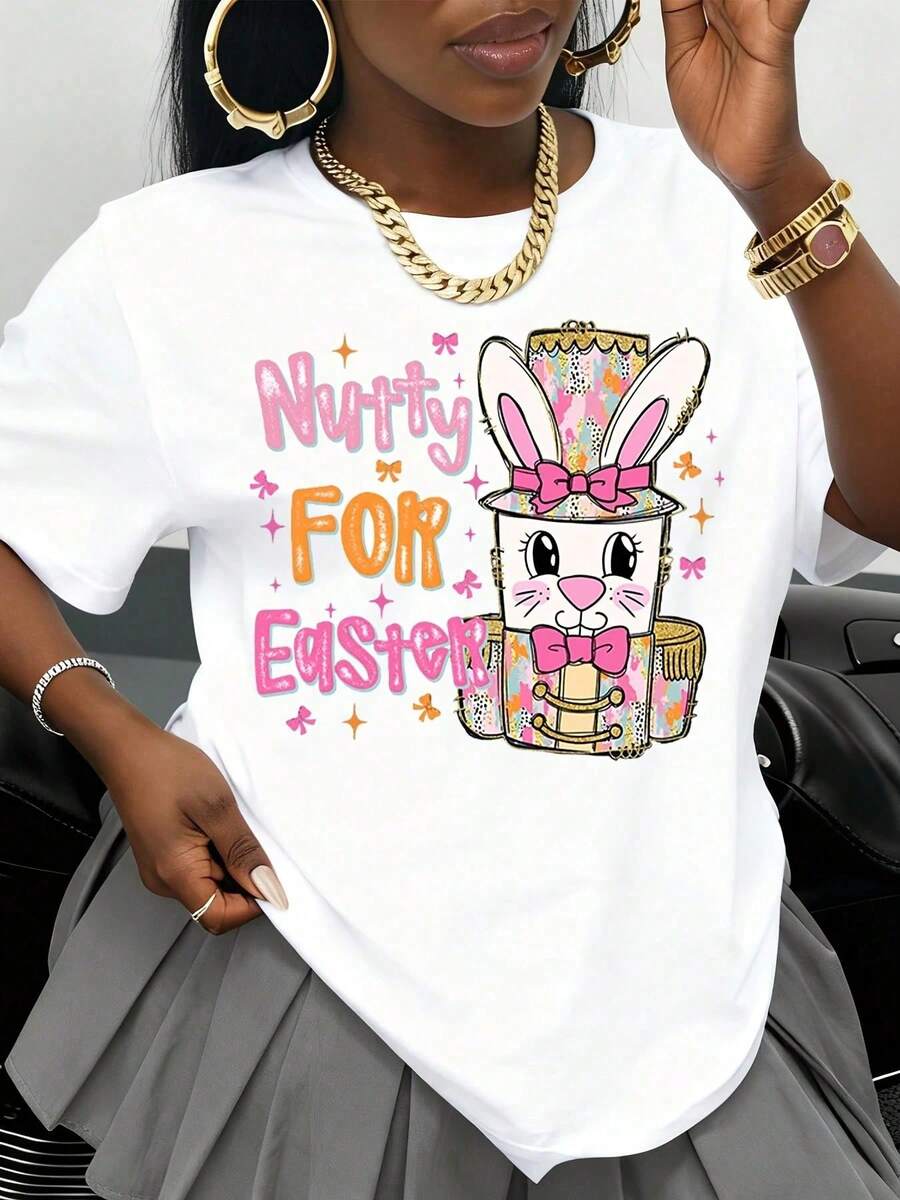 Camiseta negra con diseño de conejo de Pascua, para mujer, con estampado gráfico de Pascua, regalo para el Festival de Primavera, prenda de moda artística. - Blanco - Ver 1
