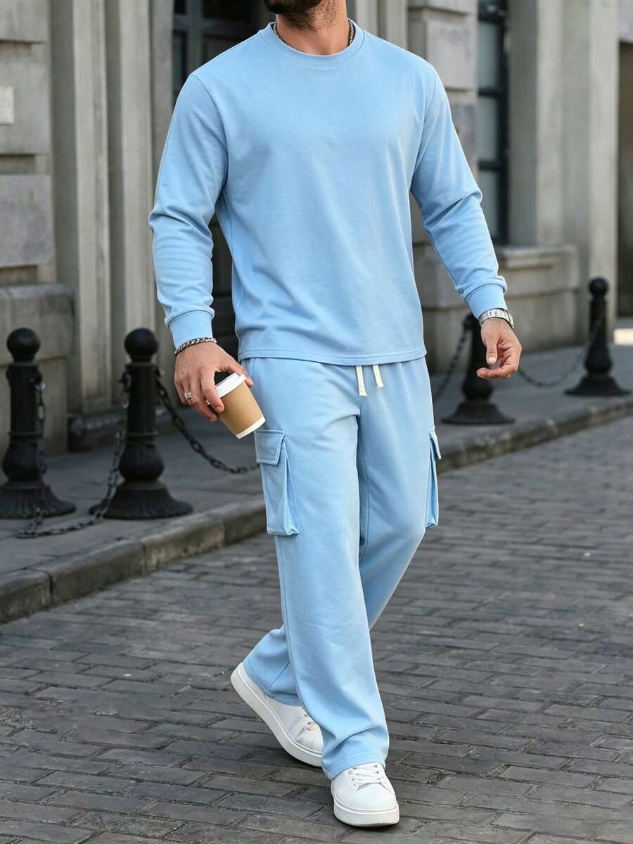 Kolrap Men's 2-Piece Sports Set, Solid Color Crew Neck Long Sleeve Sweatshirt + Cargo Pocket Drawstring Sweatpants, Casual Street Style Daily Weekend Matching Outfit - Baby Blue - View 1