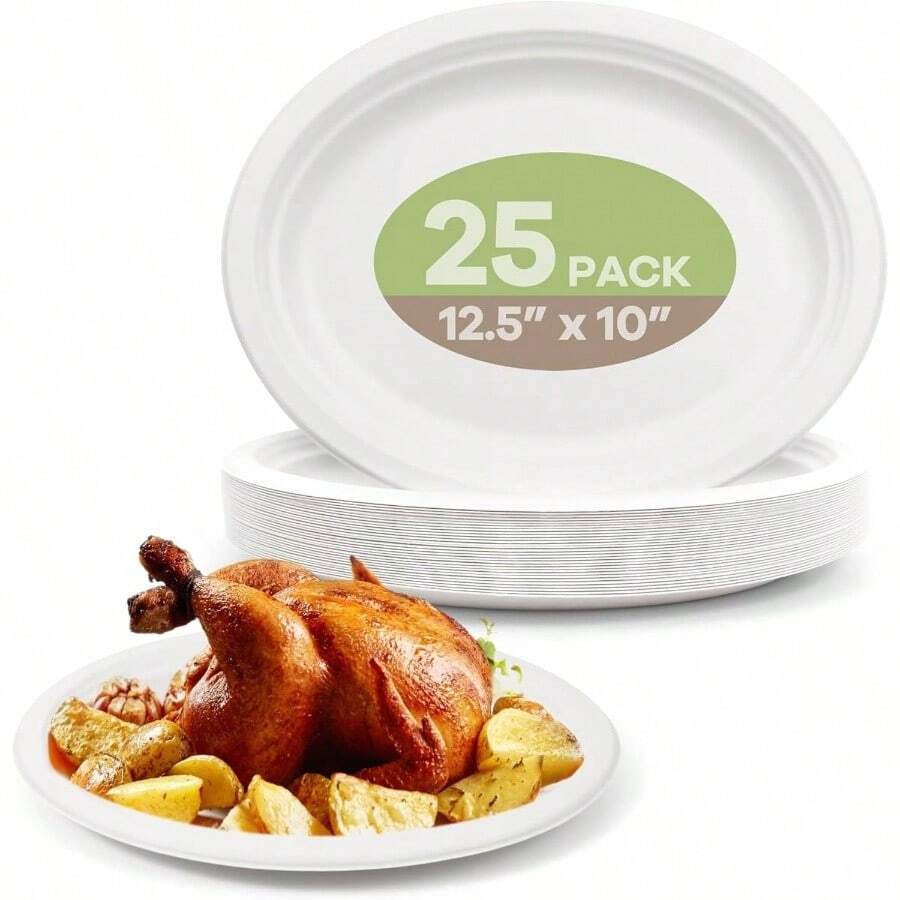 Platos de papel ovalados desechables, paquete de 25 platos de papel biodegradables de 12.5 pulgadas, platos de bagazo compostables resistentes y ecolgicos para barbacoa, picnic, color - blanco - Ver 1