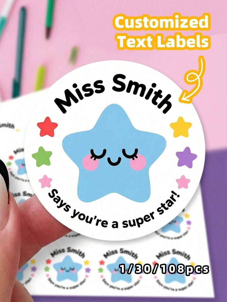 1/30/108pcs Customized Super Star Stickers, Teacher Achievement Reward Labels, Personalized Name Stickers, Smiling Face Blue Star Design, Teacher Name Prizes, Stationery And Classroom Decor, Ideal Gift For Teachers, Back To School Season, Gift Ideas, Motivational - Multicolor 2 - View 1