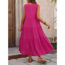 Elegant Holiday Midi Dress, V-Neck, Pastel Layered Design, Solid Color, Loose Fit - 玫紅色 - 查看 2