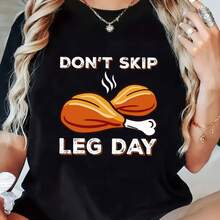 Women's Casual Crew Neck T-Shirt With "Don't Skip Leg Day" Print - Short Sleeve, Regular Fit, Stretch Polyester, Summer Clothing, Black With Orange And White Print, Fabric L - 黑 - 查看 2