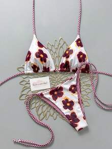 2-Piece Bikini With Retro Floral Print, Color Block And Plaid, Suitable For The Beach, Pool, Cruises And Parties During Spring And Summer Holidays - 紫白色 - 查看 1