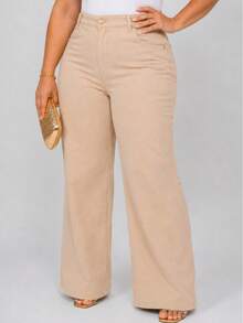 Women's Wide Leg Plus Size Pants, Chocolate Brown - 米色 - 查看 2