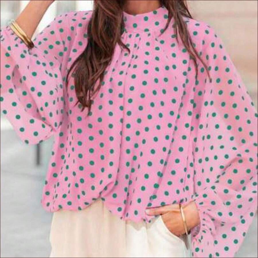 DZD Nueva camisa elegante y de moda para mujer con estampado de lunares, camisa casual/de vacaciones con estampado de bloques de color en todo el Body, camisa de manga larga con estampado - Rosa - Ver 1