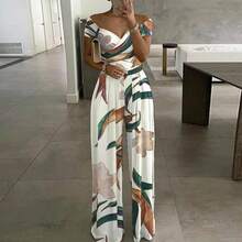 Fashionable Jumpsuit, New Spring Collection For Women, Printed, Off-The-Shoulder And High-Waisted, Elegant And Modern Style - 白色背景的樹葉 - 查看 7