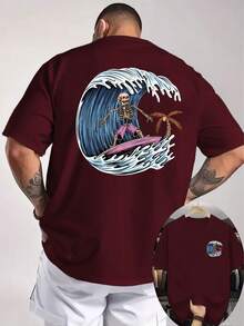 Camiseta de hombre con estampado de doble cara de calaveras, surfistas, olas y palmeras, estilo vintage de surf oscuro, top cómodo y versátil, adecuada para reuniones al aire libre diarias, - Negro - Ver 6