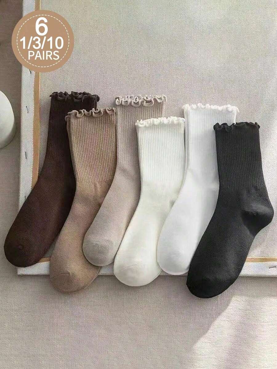 1/3/6/10 Pairs Japanese Sweet Minimalist British Academy Style Ins Mushroom Edge Mid-Calf Socks - Multicolor - View 1