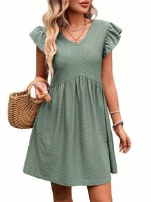 REFRESH YOUR WARDROBE NOW! French-Style Day Dress, V-Neck, Short Sleeves With Romantic Ruffles, Wide And Flowing Skirt, The Essence Of Country Chic For Walks In The Sun - Green - View 11