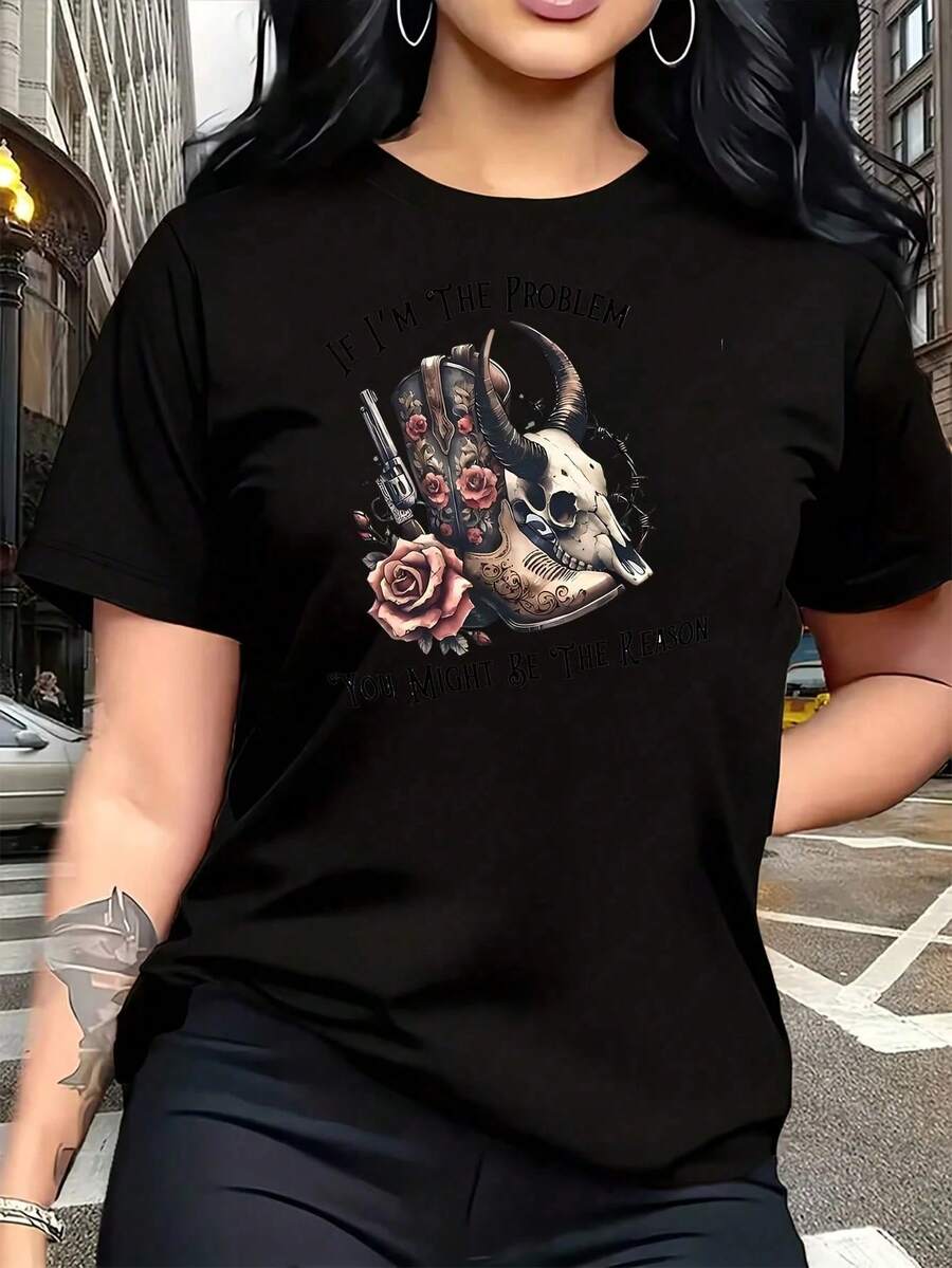 "Si yo soy el problema, tú podrías ser la solución" Camiseta gráfica para mujer de talla grande, 1 pieza, divertida, de manga corta, novedosa, 100% algodón, informal, con cuello redondo, 220 - Negro - Ver 1