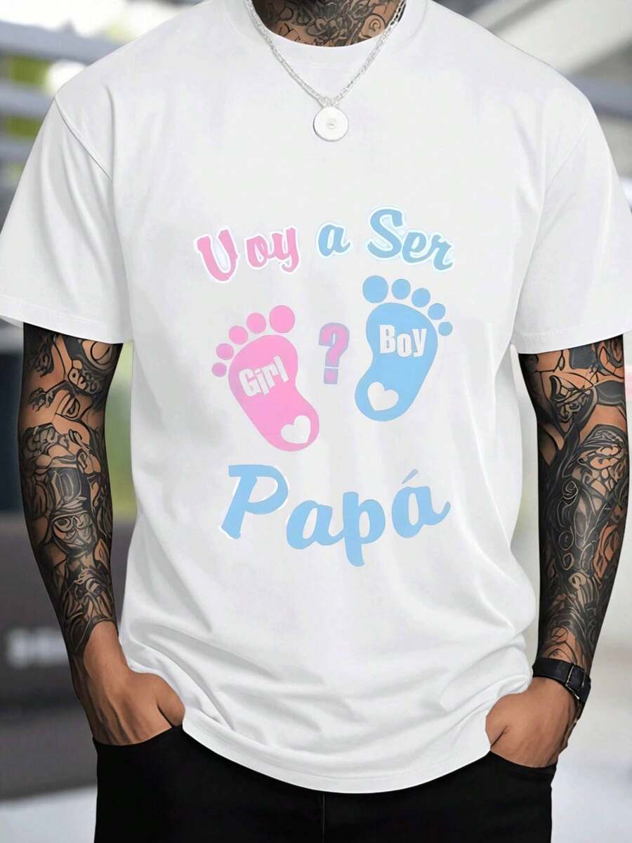 Camiseta para hombre con estampado Voy a ser Papá con huellas de bebé niña/niño.Estilo casual y 220g de comodidad.¡Perfecta para el futuro papá! - Negro - Ver 1