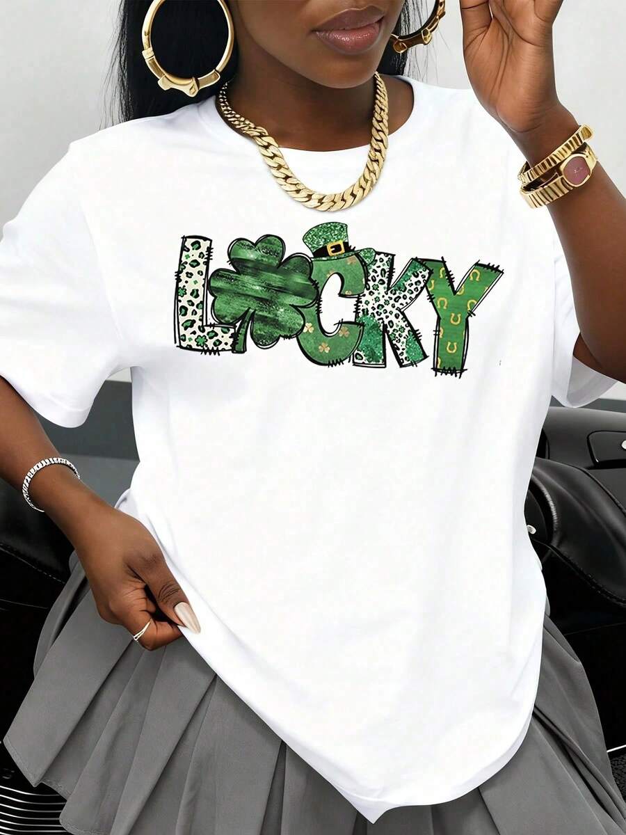 Camiseta Festiva para el Día de San Patricio con Diseño de Trébol y Estampado de Leopardo, Camiseta Negra para Mujer, Ropa Festiva para las Vacaciones - Blanco - Ver 1