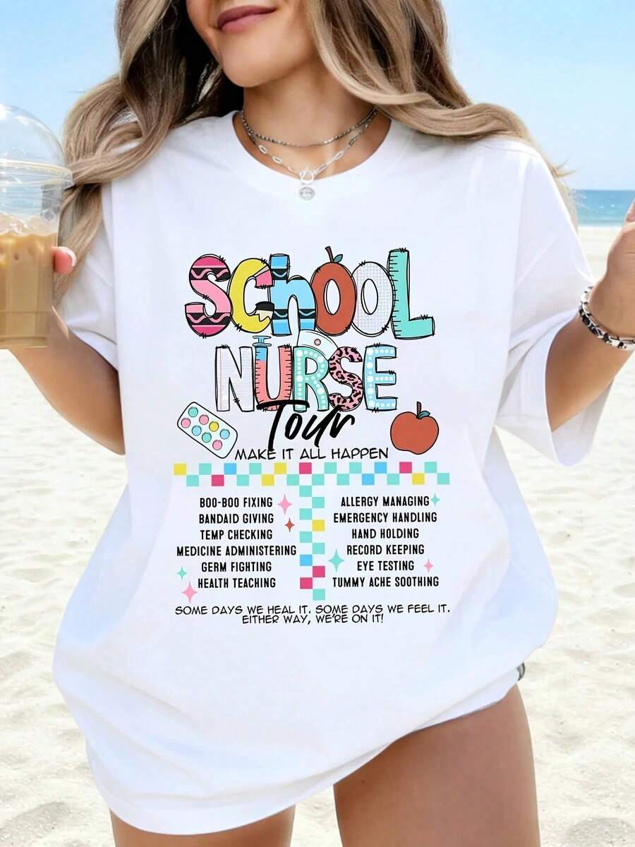 White T-Shirt "School Nurse Tour Make It All Happen" For Women Nurses, Healthcare Workers, Gift, Casual Beachwear, Summer Outfit - 白色 - 查看 1