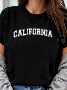 California West Coast (4) 1 Camiseta de Talla Grande para Mujer, Estampado Gráfico, Manga Corta, 220g, Novedosa, 100% Poliéster, Cuello Redondo, Estilo Casual - Negro - Ver 1