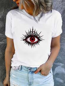 huella del mal de ojo.Playera Gótica de Mujer con Gráfico de Ojo Rojo Espinoso, Cuello Redondo, Ropa Informal para Combinar con Jeans Negros. - Blanco - Ver 2