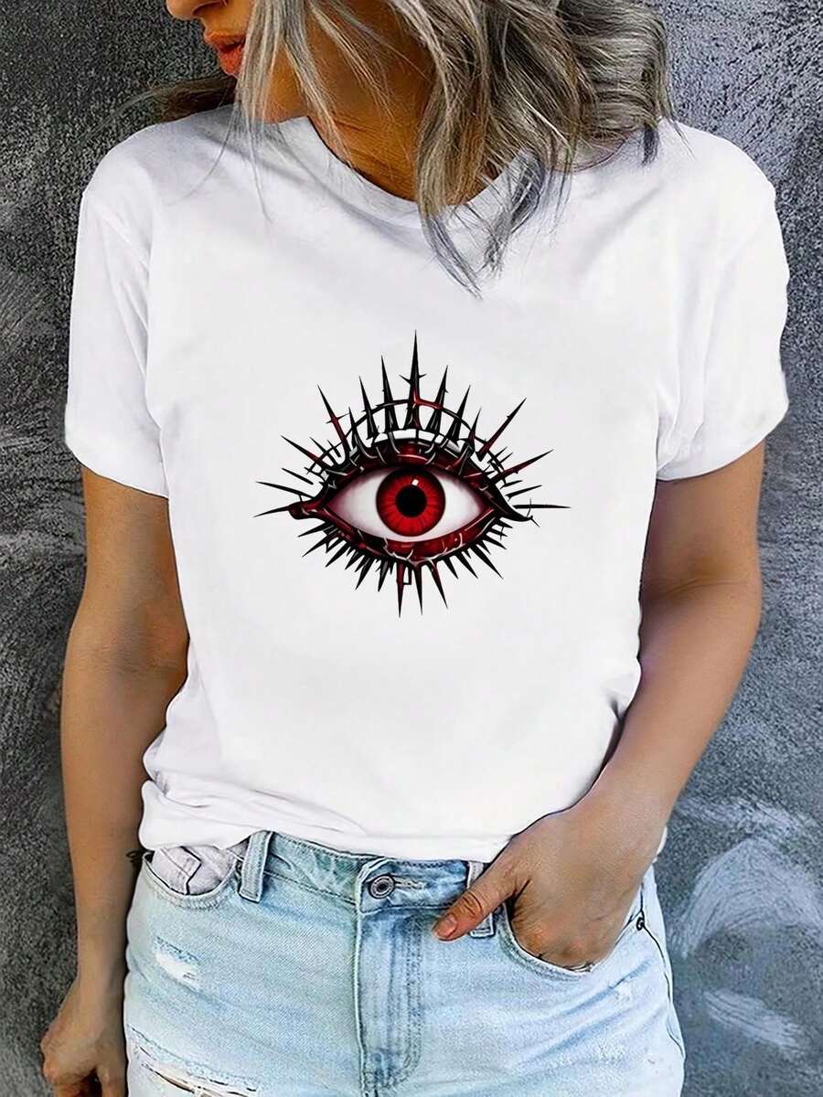 huella del mal de ojo.Playera Gótica de Mujer con Gráfico de Ojo Rojo Espinoso, Cuello Redondo, Ropa Informal para Combinar con Jeans Negros.