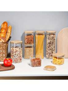 8 Pack Square Airtight Glass Jars With Bamboo Lids, Stackable Kitchen Storage Canisters, Multi-Size Glass Food Containers, Perfect For Coffee Beans, Spices, Sweets, Cookies, Pasta, Home Kitchen Counter Decor, Great For Holiday & Wedding Gifts Tuppers - Clear - View 4