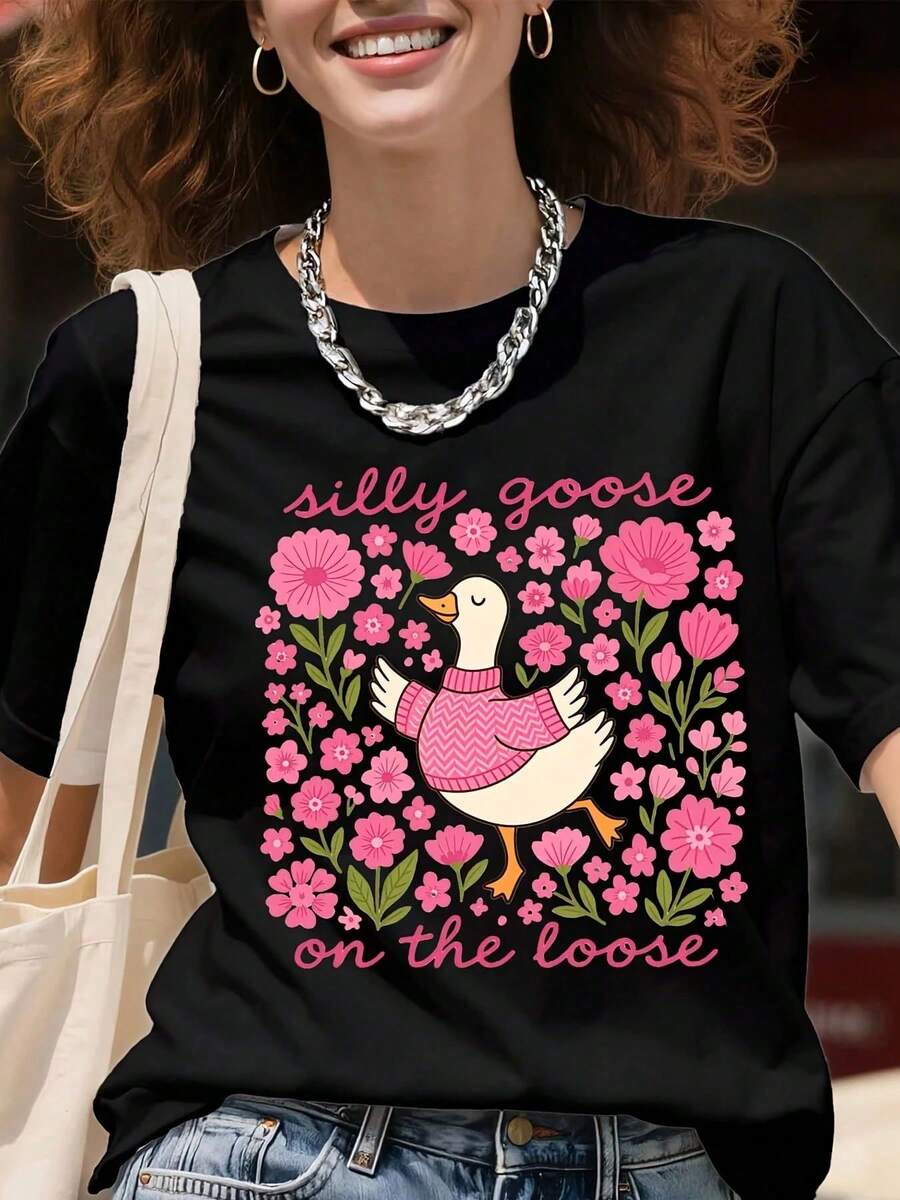 Women's White T-Shirt With Pink Duck And Flower Graphic Print By Silly Goose On The Loose, Casual Summer Top, Funny Animal Print T-Shirt, Gift For Her - 黑色 - 查看 1