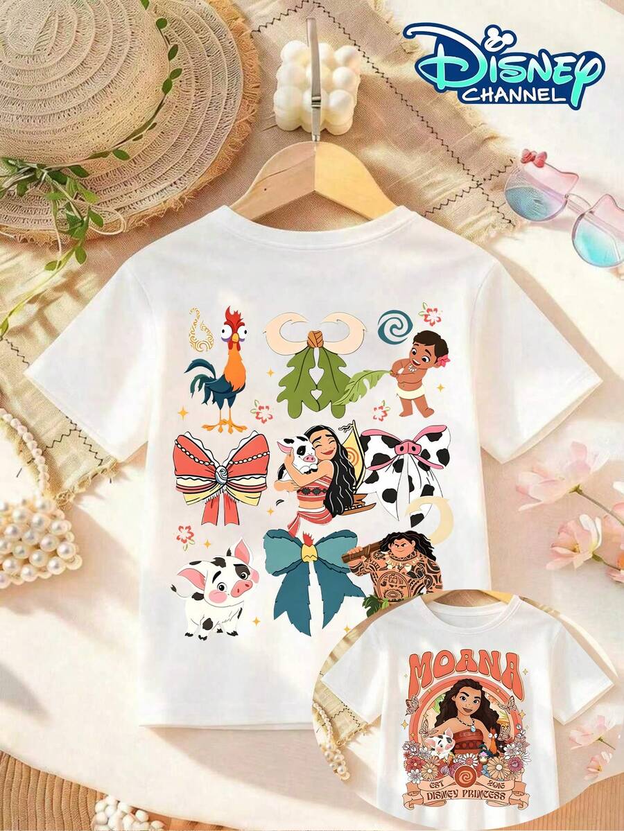 Disney Licensed Moana Princess Set Kids Cotton T-Shirt, Boys Girls, Birthday Party Photo Tee, Summer Casual Wear, Daily Vacation Outdoor, Kids Gift. - White - View 1