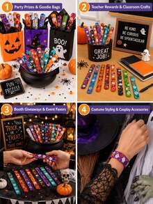 12/24pcs Halloween Elastic Bracelet Set: Includes Pumpkin, Ghost, Bat And Spider Pattern Halloween Themed Elastic Bracelets. Perfect As Halloween Party Favors, Gift Bag Fillers. - Multicolor - View 5