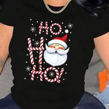 Camiseta Navideña para Mujer, Cuello Redondo Cómodo, Mezcla de Algodón Casual, Manga Corta, Suave y Transpirable, Ropa de Mujer, Camiseta para Verano y Primavera, Ropa Urbana. - negro - Ver 2