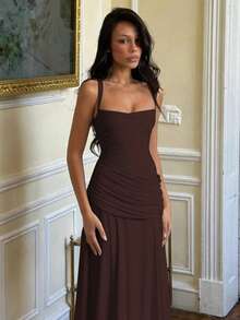 Elegant Sleeveless Long Party Dress For Women, Solid Color, European Style, New Fashion Wrap Dress - 咖啡 - 查看 5