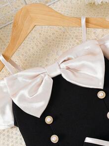 2pcs/Set Toddler Girls' Fashionable Elegant Satin Bow Camisole Top And Colorblock Shorts Summer Outfit - Black - View 4