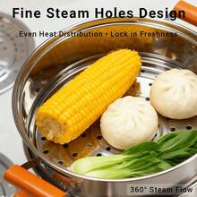 3-Tier Heavy-Duty Stainless Steel Steamer Pot With Glass Lid-Large-Capacity Multi-Use Steamer For Dumplings, Seafood & Vegetables, Wooden Cool-Touch Handles, Induction & Gas Compatible, Premium Kitchen Cookware - View 6