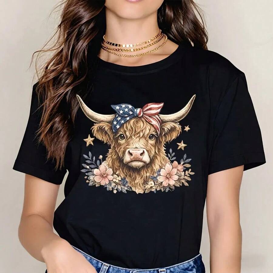 Camiseta de Mujer Estilo Casualoho con Diseño Highlandow Andloralesign para Verano, cómoda, elegante y confortable. - Negro - Ver 1