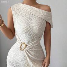 yonghongmaoyi1  Vestido sin mangas con decoración de metal texturizado para mujeres - Café integral - Ver 4