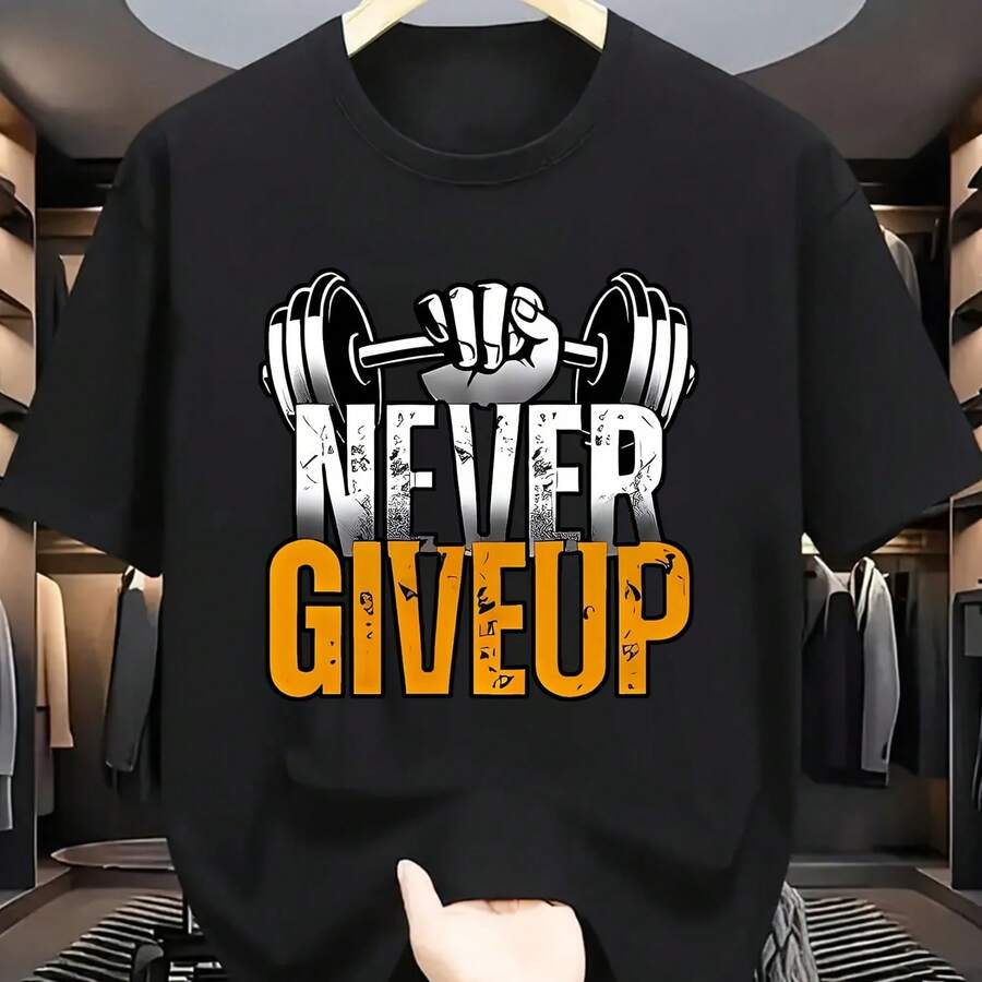 Camiseta con gráfico motivacional para hombre, camiseta de gimnasio de ajuste relajado con diseño de barra, ropa cómoda para hombre - Multicolor - Ver 1