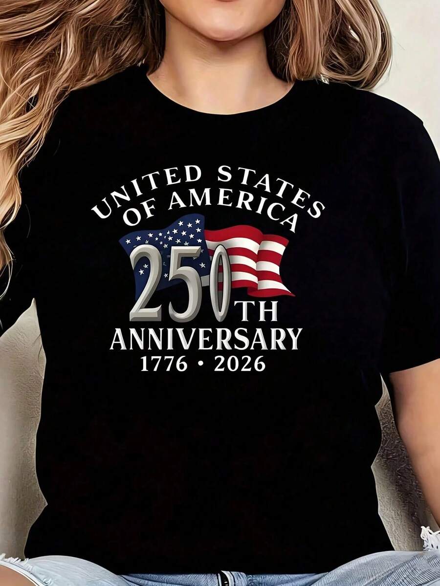 250th Anniversary USA (3) 1 Piece Women's Plus Size T-Shirt, Graphic Print, Short Sleeve, 220g, Novelty, 100% Polyester, Casual Crew Neck T-Shirt - 黑色 - 查看 1