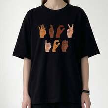 Sign Language Print Crew Neck T Shirts Oversized Short Sleeve Casual Tops For Vacation Outfits Women Plus Size Women Clothes Summer Casual Wear Y2k Clothes Women T Shirts For Men And Women - Negro - Ver 1