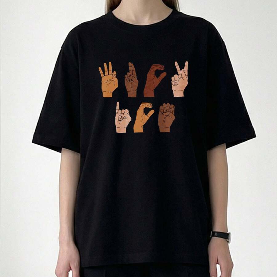 Sign Language Print Crew Neck T Shirts Oversized Short Sleeve Casual Tops For Vacation Outfits Women Plus Size Women Clothes Summer Casual Wear Y2k Clothes Women T Shirts For Men And Women - Negro - Ver 1