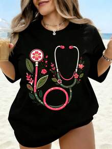 White T-Shirt With Floral Stethoscope Design For Nurses And Medical Professionals, Casual Beachwear, Women's Summer Top, Gift For Healthcare Workers - 黑色 - 查看 1