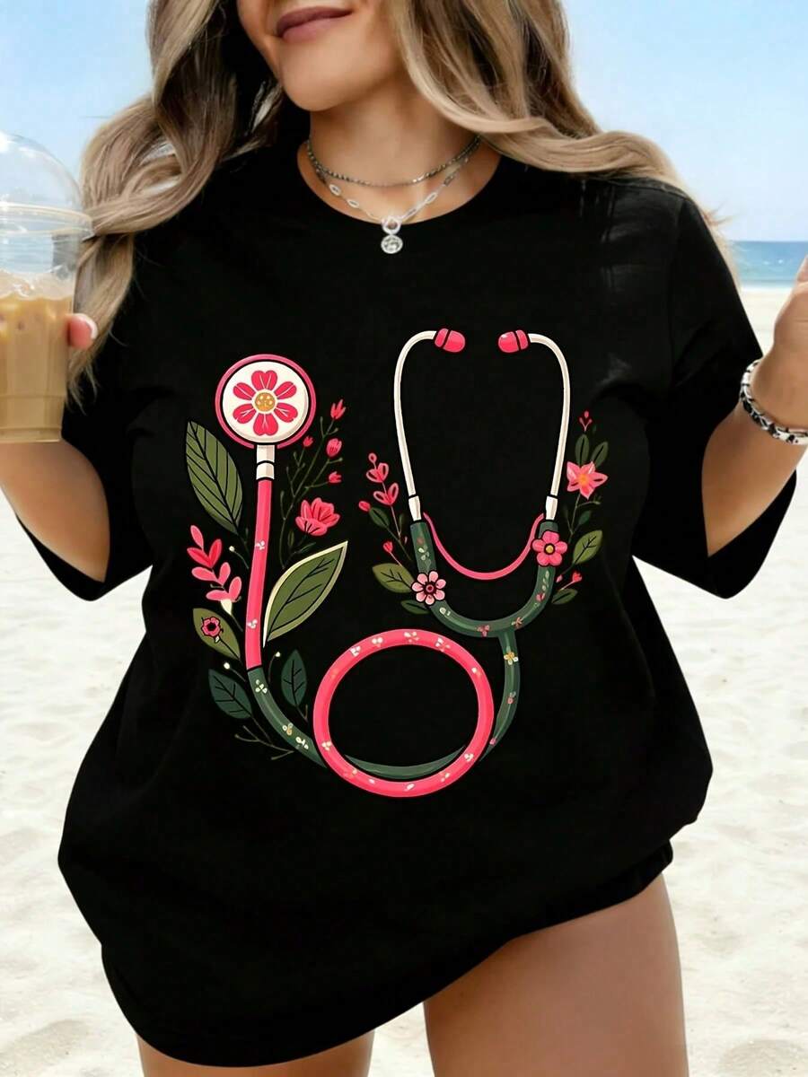 White T-Shirt With Floral Stethoscope Design For Nurses And Medical Professionals, Casual Beachwear, Women's Summer Top, Gift For Healthcare Workers - 黑色 - 查看 1