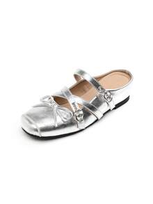 zuandashu Pantuflas cómodas y suaves estilo francés para mujer, zapatos planos sin talón con altura oculta elegante en color plateado con lazo, talla 34-42, adecuados para vestidos, oficina, interior/exterior, mocasines tipo mule, todas las estaciones - Plateado - Ver 12