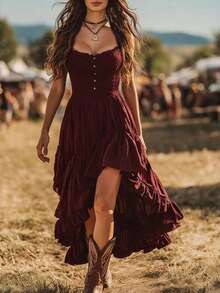 Vintage Strapless Dress With Ruched Bust, Fitted Waist, Elegant European Style, Spring/Summer Fashion For Women - 酒紅色 - 查看 3