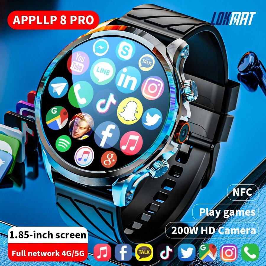 LOKMAT APPLLP 8 PRO 4g Smart Watch 1.85 HD Large Round Screen HD Camera Heart Rate Blood Oxygen Breathing Health Function Detection Can Insert 2G/3G/4G/5G Phone Card Support WiFi Internet Access APP Download Android System 8.1