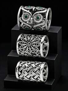 SHEEGIOR 3pcs/Set Vintage Hollow Cross Grid Chrysanthemum Owl Floral Design Scarf Buckle Clothing Veil Headscarf Ring Button Decoration - Ancient Silver - View 4