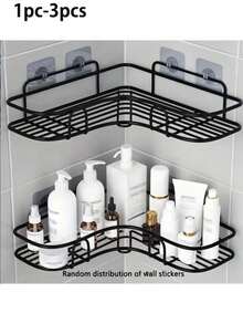 1pc/3pcs Set, Black Metal Mesh Design No-Drill Wall-Mounted Bathroom Storage Rack, Easy Access And Organization, Suitable For Shampoo And Conditioner - Multicolor - View 1