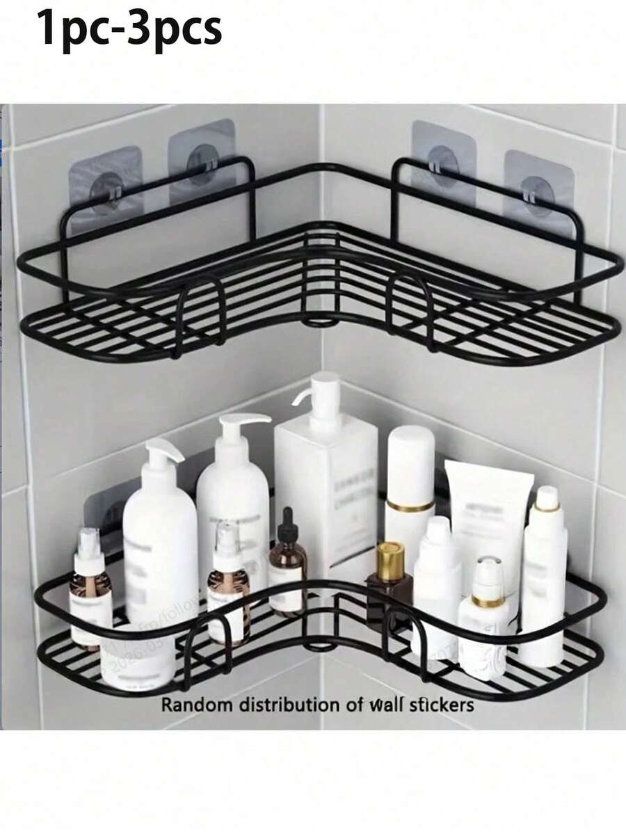 1pc/3pcs Set, Black Metal Mesh Design No-Drill Wall-Mounted Bathroom Storage Rack, Easy Access And Organization, Suitable For Shampoo And Conditioner - Multicolor - View 1
