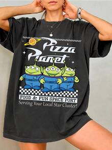 Disney Toy Story Alien Pizza Planet Tee, Washed Cotton Vintage Black Base, Retro Sweet Cool Style, Loose Fit For Versatile Wear. - Black - View 1