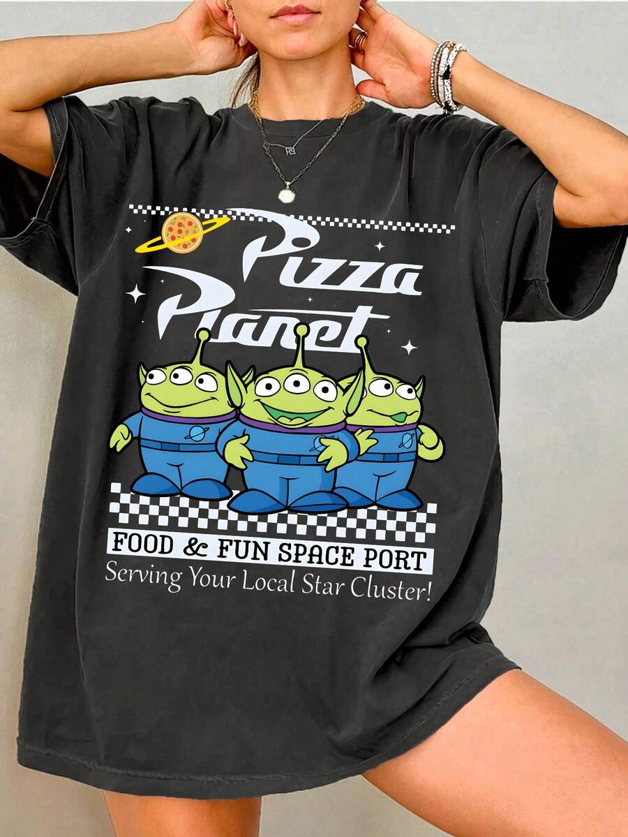 Disney Toy Story Alien Pizza Planet Tee, Washed Cotton Vintage Black Base, Retro Sweet Cool Style, Loose Fit For Versatile Wear. - Black - View 1