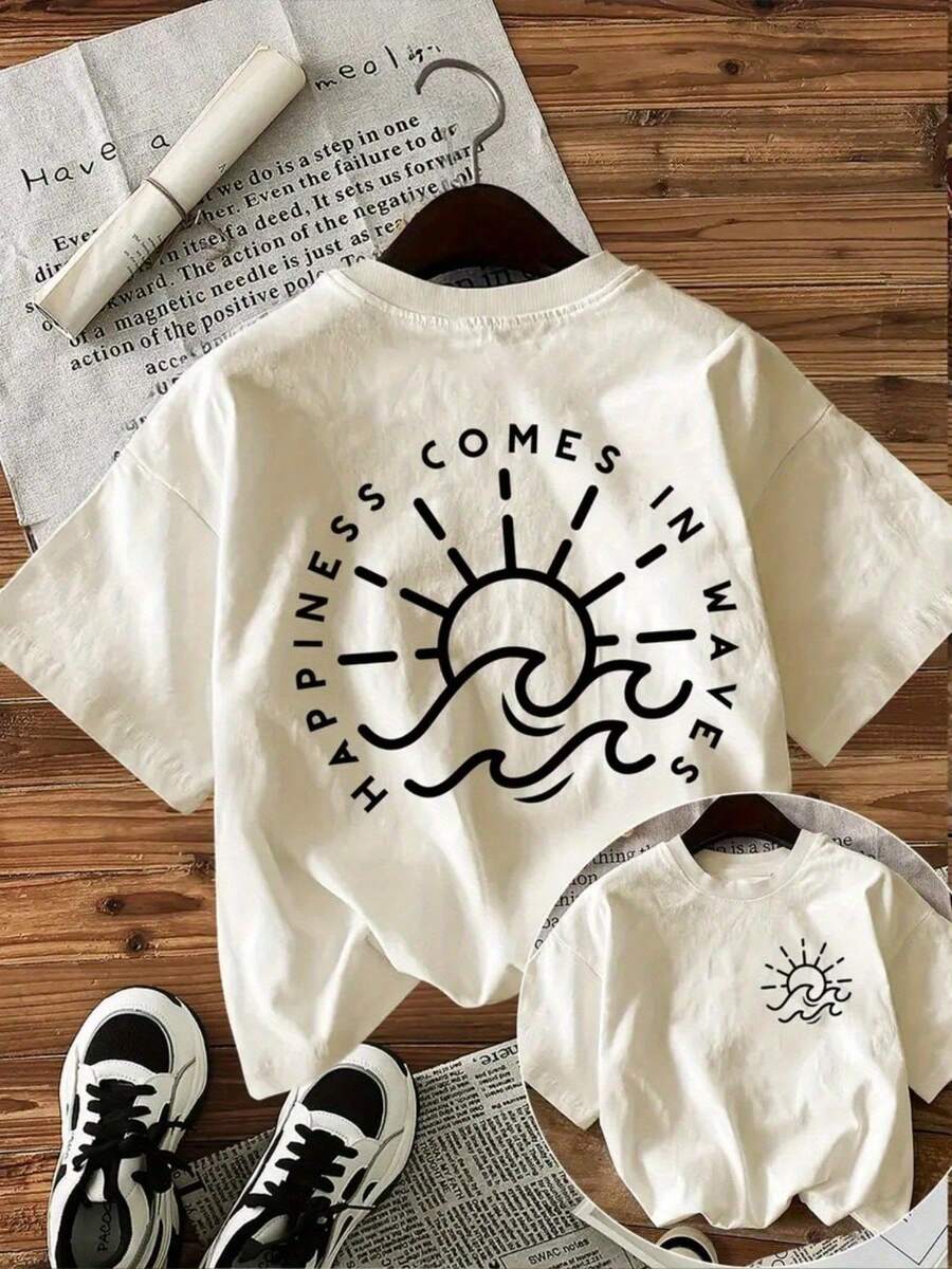 New Summer Collection 2026 [100% Cotton] 1 Piece Of Summer Clothing, Casual Short Sleeve T-Shirt For Women With Letter Design, Made Of 100% Cotton, For Daily Use. - 杏色 - 查看 1